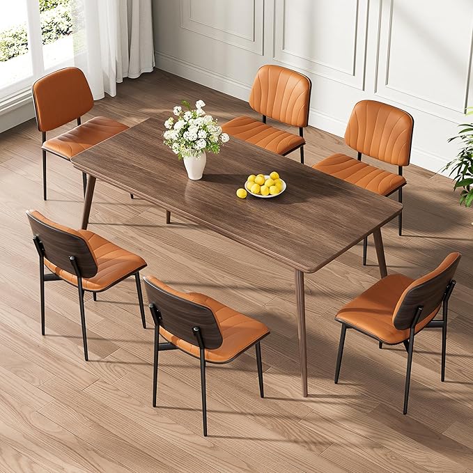 Dining Chairs Set of 4, Mid-Century Modern Upholstered PU Leather Chairs with Walnut Back and Metal Legs Adjustable Feet for Kitchen Dining Room, Orange Shell Strips