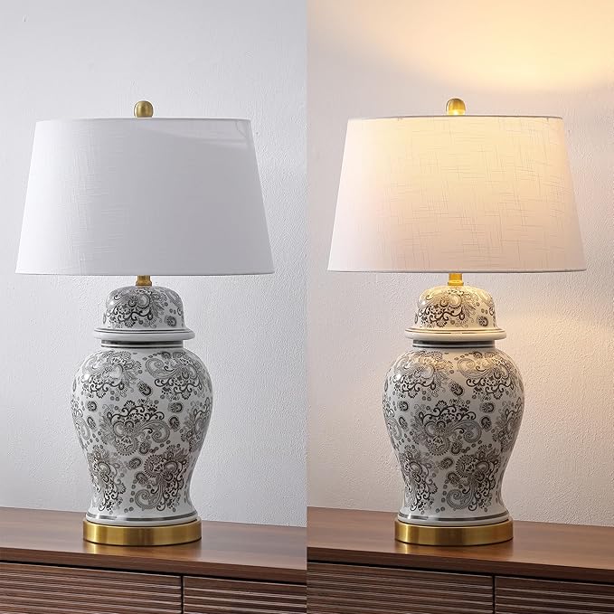 JONATHAN Y 29.5" Gray/White Ceramic Table Lamp for Living Room and Office, White Linen Drum Shade, Traditional Chinoiserie Ginger Jar Lamp, LED Bulb Included (JYL3008B)