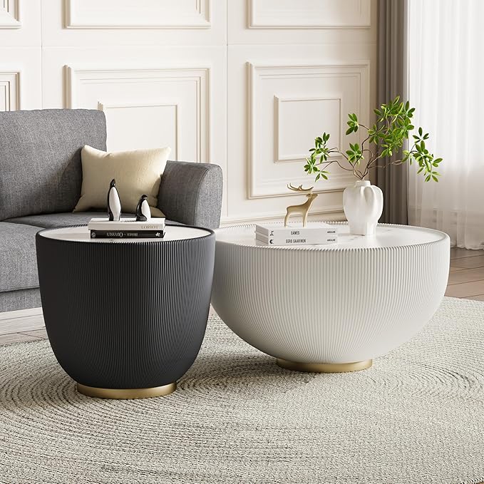 Grey Round Coffee Table with Sintered Stone Tabletop, 19.69 Drum Coffee Table with Fluted PU Leather Covered and Metal Base, Circle Cocktail Tea Table for Living Room
