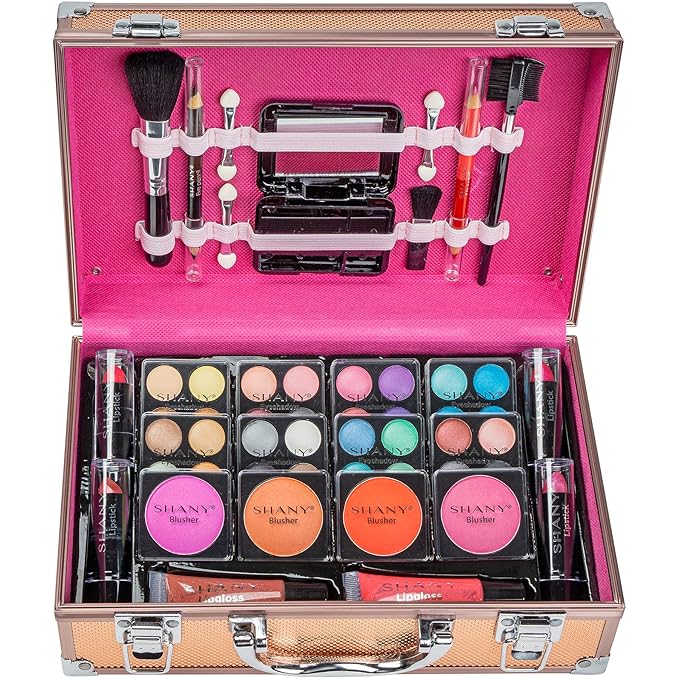 SHANY Carry All Make up Train Case with Pro Makeup Set, Beauty Brushes, Lipsticks, Eye Shadows, Blushes, Powders, and more - Reusable Cosmetics Storage Organizer - Premium Gift Packaging - Rose Gold