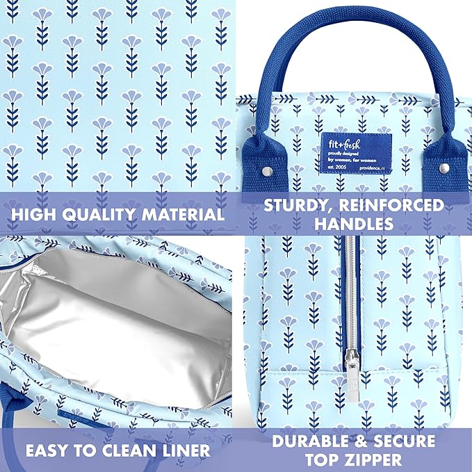 Fit & Fresh Bloomington Lunch Bag for Women - Insulated Large Lunch Box for Work with Containers, Leak-Resistant, Stain-Resistant, Zipper Closure, Tiny Blue Flowers