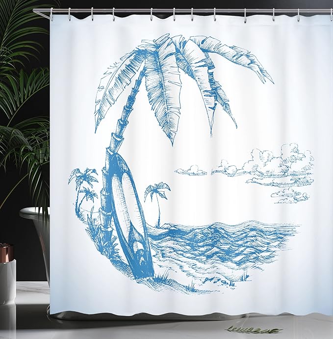 Ambesonne Surf Shower Curtain, Contemporary Sketch Illustration Hawaiian Beach Surfboard Palms Ocean Water, Cloth Fabric Bathroom Decor Set with Hooks, 69" W x 70" L, Blue White
