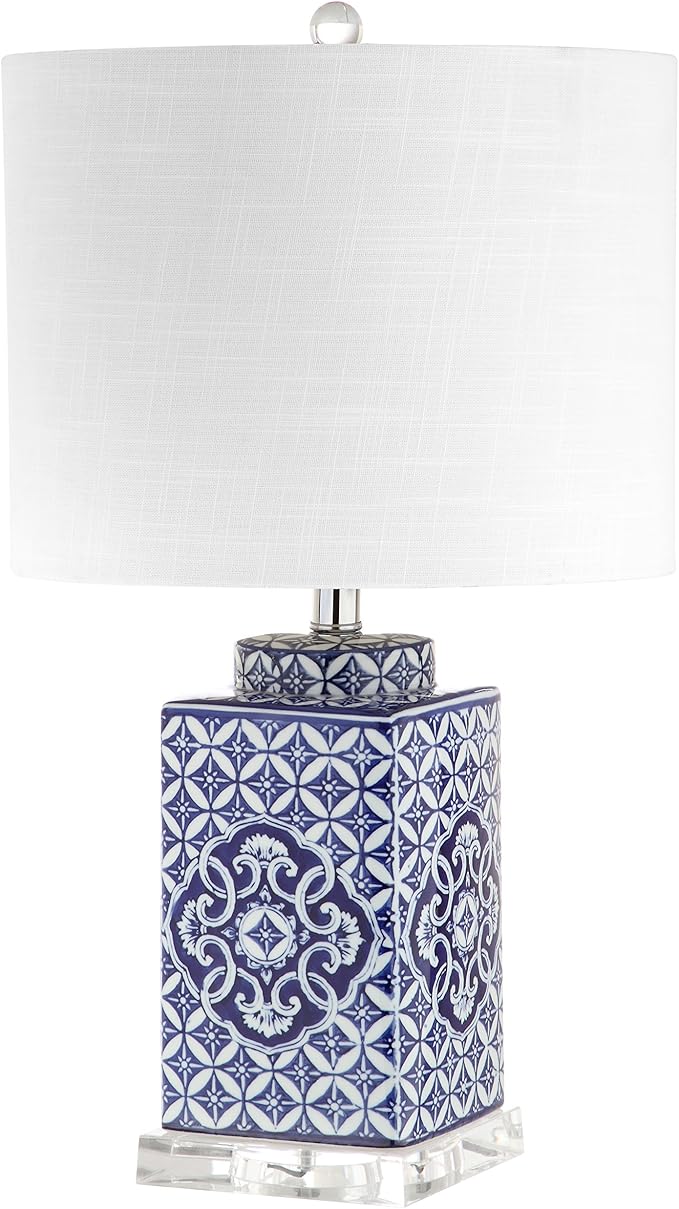 JONATHAN Y 23" Blue and White Chinoiserie Ceramic Table Lamp, Traditional Hand-Painted Bedside Lamp for Living Room Bedroom, White Linen Drum Shade, LED Bulb Included JYL3006A