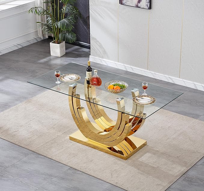 70 ''Glass Dining Table,Rectangle Glass Kitchen Table w/Tempered Glass Tabletop and Stainless Steel Base, Modern Glass Dining Room Table for Home, Kitchen, Dining Room