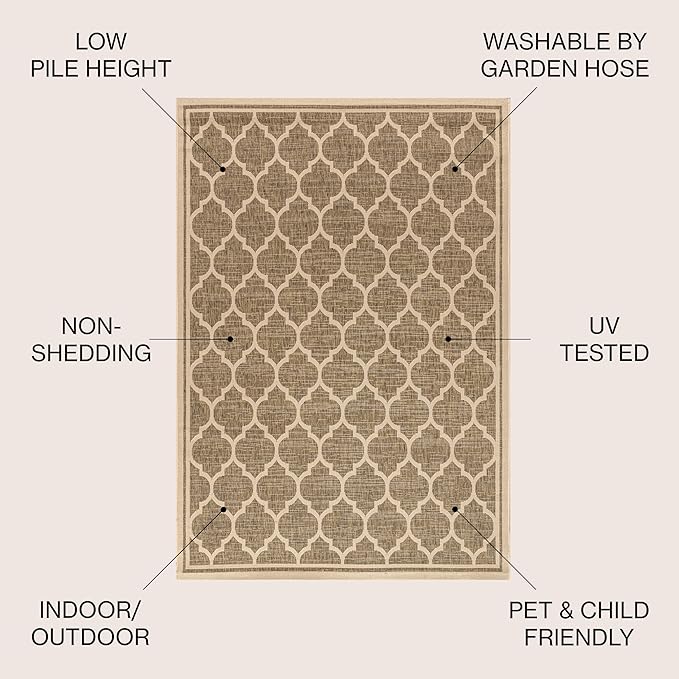 Eyely BMS109A-3R Santa Monica Trebol Moroccan Trellis Textured Weave, Pet Friendly, Non-Shedding, Stain Resistant, Easy-Cleaning, Brown/Beige, 3' Round, Indoor/Outdoor, Area Rug