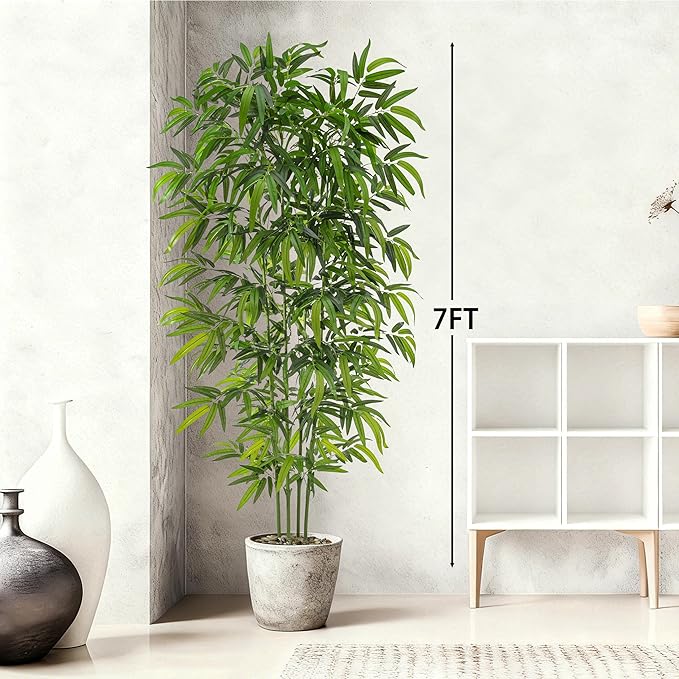 Artificial Tree Fake Plants, Artificial Bamboo Tree 7FT Tall in Black Potted, Artificial Tree Indoor Decor Bamboo Silk Tree with Natural Wood Trunk, for Home Office Living Room Modern