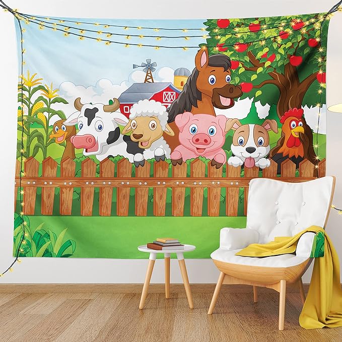 Ambesonne Cartoon Tapestry King Size, Composition Farm Animals on Fence Comic Mascots Dog Cow Horse Design, Wall Hanging Bedspread Bed Cover Wall Decor, 104" X 88", Green Multicolor