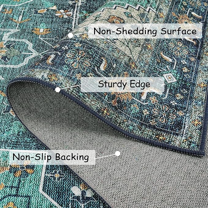 Moynesa Ultra-Thin Washable Teal Non Slip Bathroom Rug - 2x6 Laundry Room Mat, Machine Washable Non-Slip Pet Friendly Carpet Runner for Camper RV Foyer Kitchen Hallway