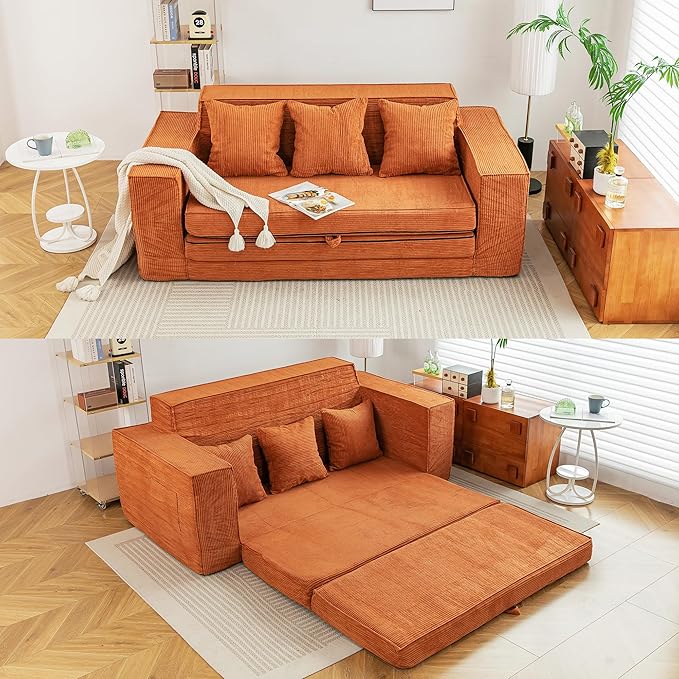 HOMREST 76" Convertible Memory Foam 3-seat Sofa, Pull Out Sleeper Sofa Bed, 2 in 1 Folding Couch Bed, Fold Out Floor Couch Corduroy Fabric with 3 Pillows for Living Room Bedroom Lounge (Brown)