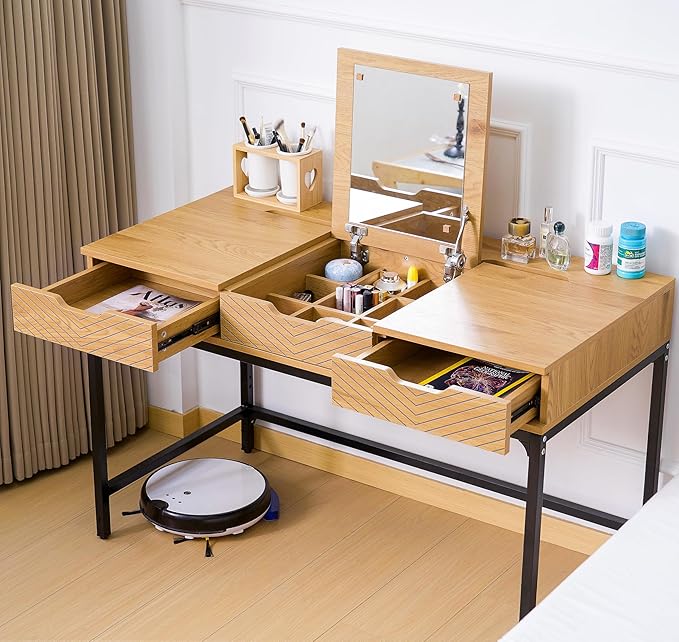 TEKAMON 47" Makeup Vanity Desk with Mirror，Girls Vanity Dressing Table for Bedroom, Home Office/Computer Desk with 2 Drawers, Study Desk with Cable Management, Natural Wood
