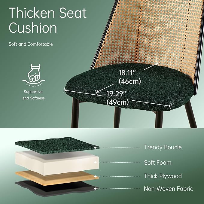 NORDICANA 3-Piece Wooden Dining Set, Space-Saving Round Table & Chair Set for Kitchen, Breakfast Nook, Rattan Wicker Dining Chairs with Boucle Seats - Green