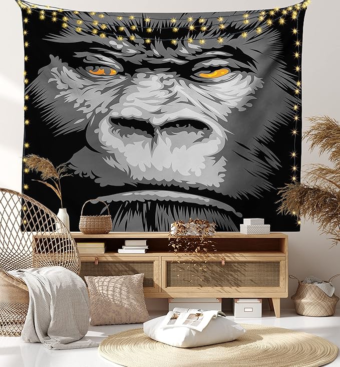 Ambesonne Modern Tapestry, Close up Gorilla Portrait with Orange Eyes Zoo Jungle Animal Wild Money Graphic, Fabric Wall Hanging Decor for Bedroom Living Room Dorm, 30" X 45", Grey Marigold