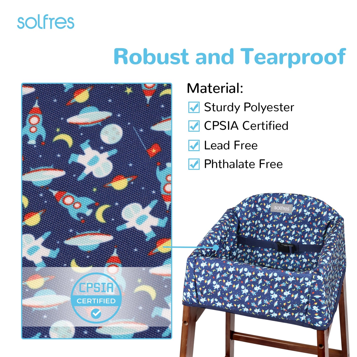 Dual-Belt High Chair Cover, Baby High Chair Cover, Upgrade Version, for Wooden or Restaurant High Chair, Sturdy and Robust Material, Blue Space