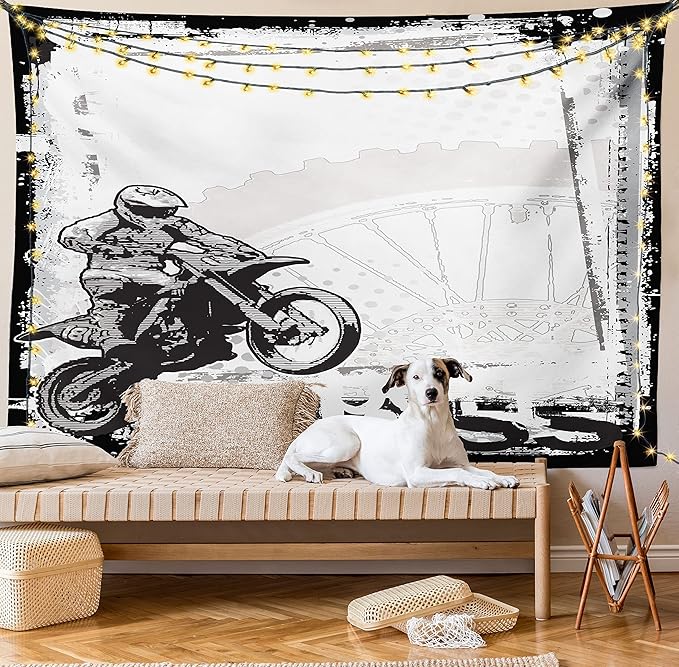 Ambesonne Motorcycle Tapestry, Motocross Racer Image Grungy Background Poster Style Monochromic Art Print, Fabric Wall Hanging Decor for Bedroom Living Room Dorm, 45" X 30", Black White