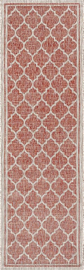 Eyely BMS109C-214 Santa Monica Trebol Moroccan Trellis Textured Weave, Pet Friendly, Non-Shedding, Stain Resistant, Easy-Cleaning, Red/Beige, 2 ft. x 14 ft., Indoor/Outdoor, Runner Rug