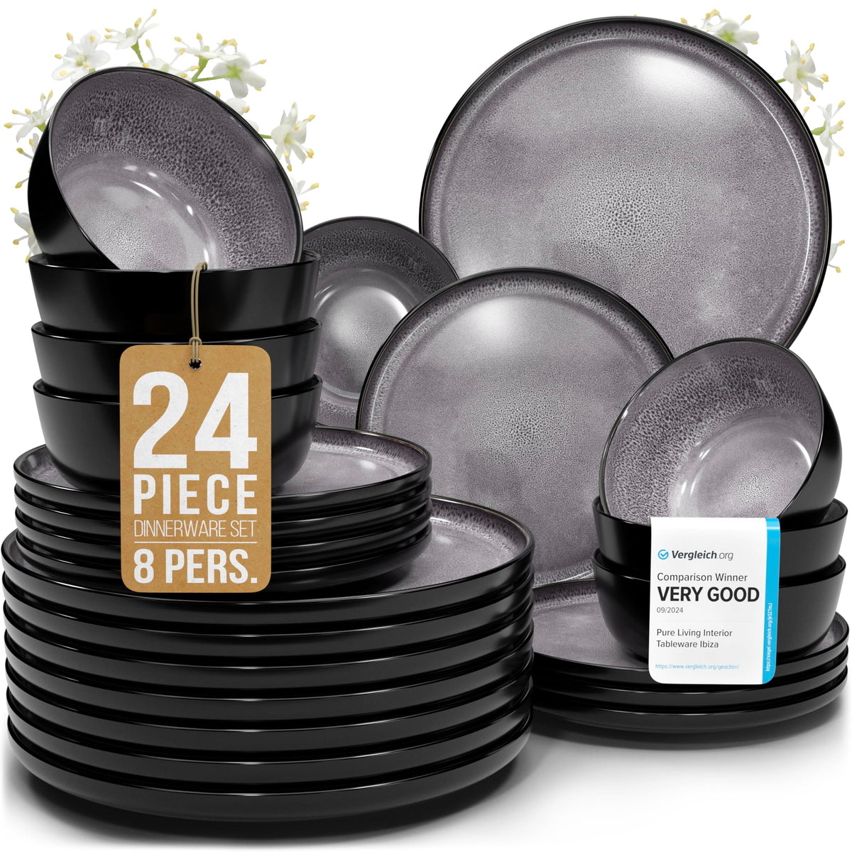 24 Piece Stoneware Dinnerware Set for 8, Handmade Plates and Bowls Set