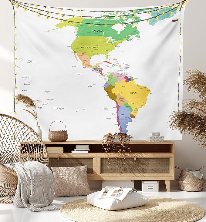 Ambesonne Map Tapestry, Map of South and North America with Countries Capitals and Major Cities Colorful Design, Fabric Wall Hanging Decor for Bedroom Living Room Dorm, 23" X 28", Green White