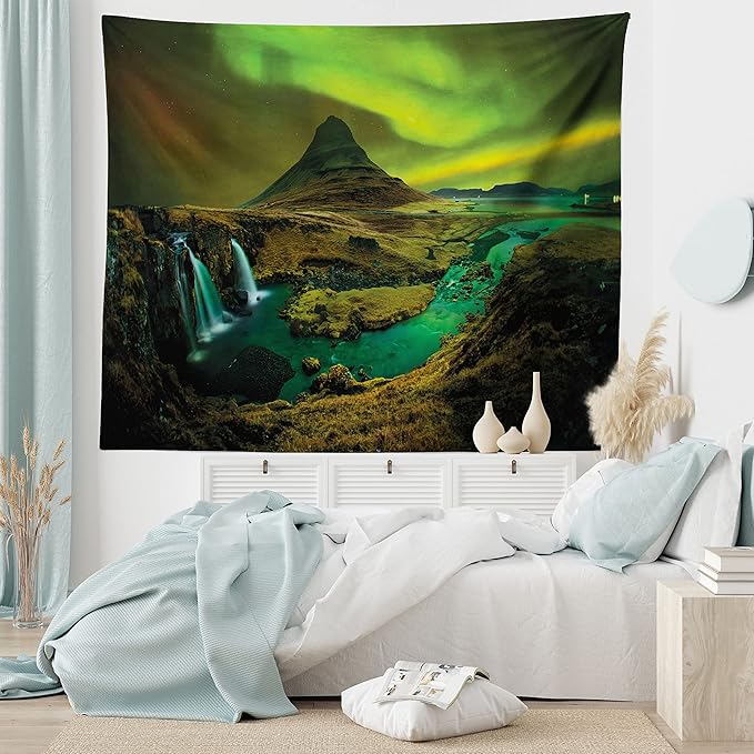 Ambesonne Aurora Borealis Tapestry, Pale Weather over the Hills Waterfall Creek Nature Landscape, Fabric Wall Hanging Decor for Bedroom Living Room Dorm, 28" X 23", Olive Green
