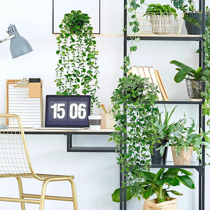 Palonu Artificial Hanging Plants for Shelf, 4 Pack Fake Potted Greenery Faux Eucalyptus Vine, Mandala Vine, String of Pearls,Pea pod Leaves in Pot for Office Living Room Bathroom Indoor Outdoor Décor