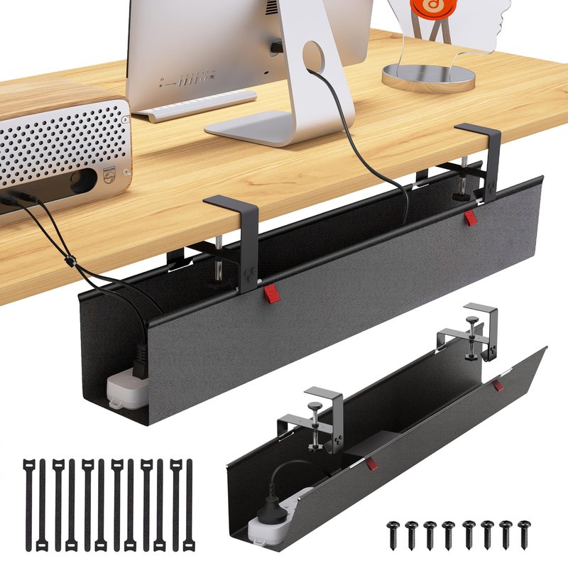 Cotohim Under Desk Cable Management Tray - Under Desk Cord Management - Clamp/Screw Mount - Fabric Wire Management - Cable Raceways Tray Cord Hiders for Office/Home (Black, 35.8"×5.6")