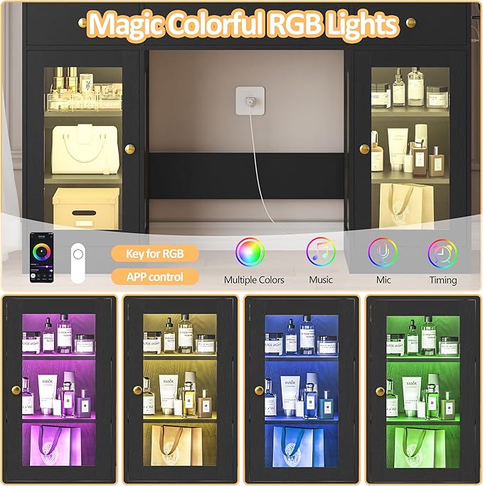 Vanity Desk with Mirror and Lights, Large Makeup Vanity Set with Power Outlet & RGB Glass Cabinet, 3 Drawers, Black Vanity Mirror with Lights Dressing Table for Girls Women, 3 Color Modes