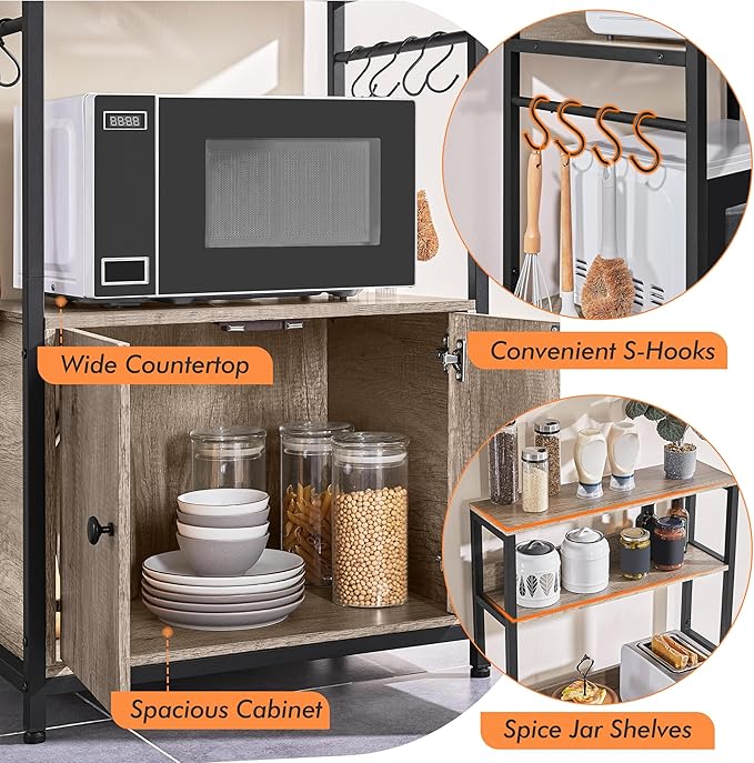 Yaheetech 4-Tier Kitchen Bakers Rack with Storage Cabinet and Hutch, Microwave Oven Stand Coffee Bar Pantry Cabinet with 8 S Hooks, Freestanding Kitchen Shelves Spice Rack, Gray