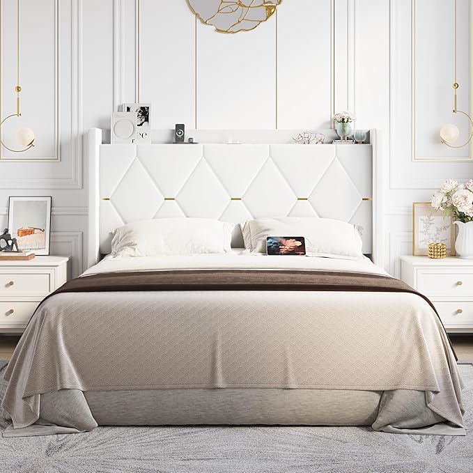 Allewie Velvet Queen Upholstered Bed Frame with Wingback Storage Headboard & Charging Station, Platform Bed with Diamond Tufted Design & Gold Trim, No Box Spring Needed, Easy Assembly, White
