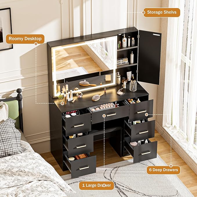 Black Vanity Desk with Mirror and Lights, Makeup Table with 44.8" Oversized Vanity Mirror Dressing Table Set with Stool, 7 Drawers and Storage Cabinet for Bedroom Dressing Room