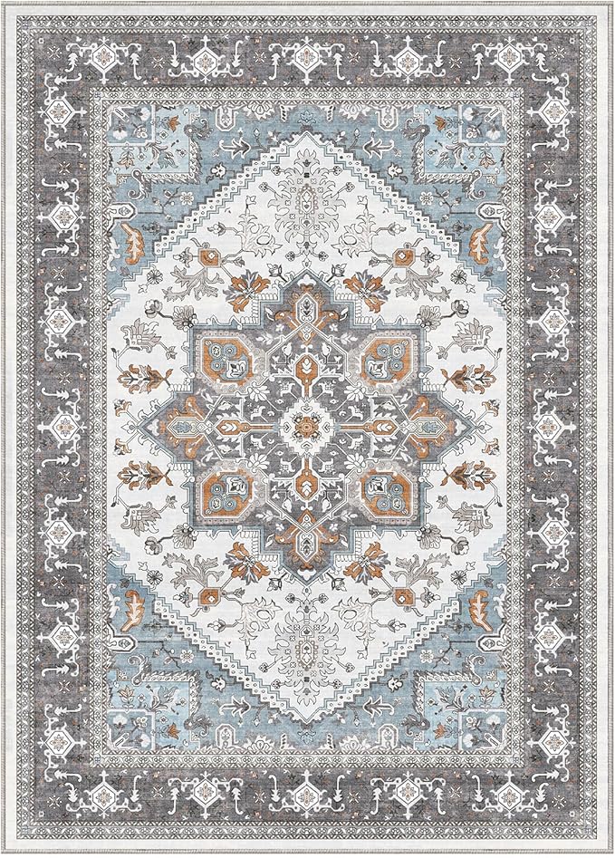 OPPODREAM Thin 8x10 Area Rugs, Washable Rugs 8x10 with Non Slip Backing, Faux Cashmere Low-Pile 8 x 10 Carpet, Grey & Teal & Yellow