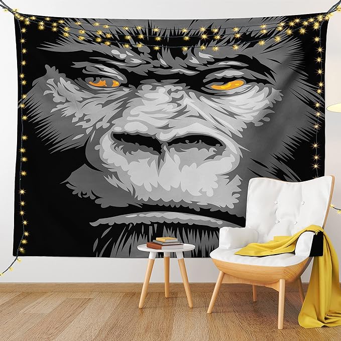 Ambesonne Modern Tapestry, Close up Gorilla Portrait with Orange Eyes Zoo Jungle Animal Wild Money Graphic, Fabric Wall Hanging Decor for Bedroom Living Room Dorm, 30" X 45", Grey Marigold