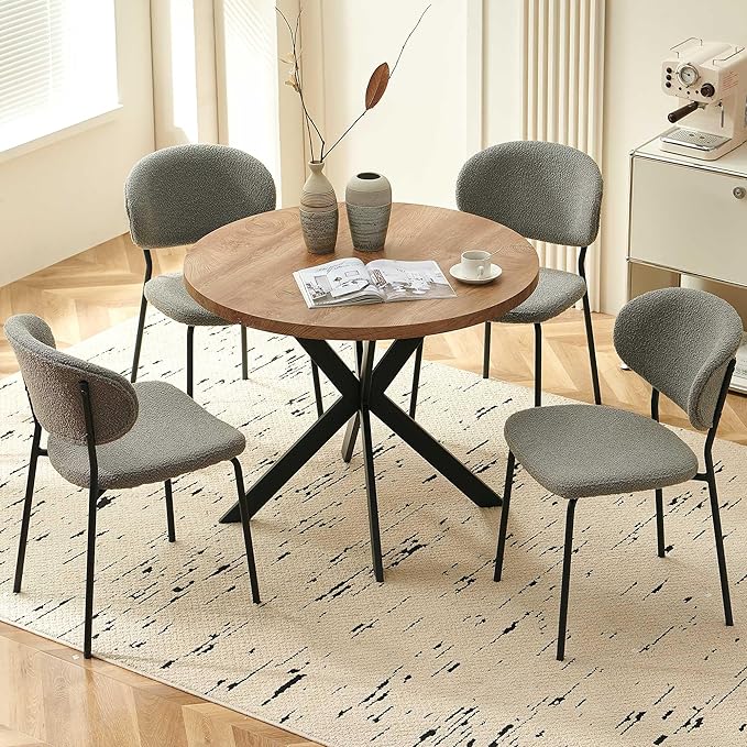Round Dining Table Set for 4, Modern 5-Piece Kitchen Table Set, 37" Round MDF Living Coffee Table with 4 Seated Grey Boucle Dining Chairs Upholstered, Metal Legs for Dining Hall, Living Room