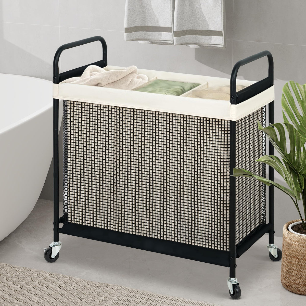 STO STO Laundry Hamper 3 Section, 120L Rolling Laundry Sorter Cart with Removable and Washable Liner Bag, Clothes Hamper with Wheels and Metal Handle for Laundry Room and Bedroom