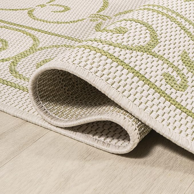 JONATHAN Y SMB106I-5R Charleston Vintage Filigree Textured Weave Indoor Outdoor Area Rug, Bohemian Coastal Traditional Easy Cleaning,Bedroom,Kitchen,Backyard,Patio,Non Shedding, 5' Round, Cream/Green