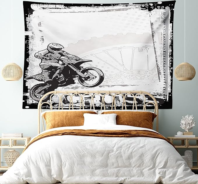 Ambesonne Motorcycle Tapestry, Motocross Racer Image Grungy Background Poster Style Monochromic Art Print, Fabric Wall Hanging Decor for Bedroom Living Room Dorm, 45" X 30", Black White
