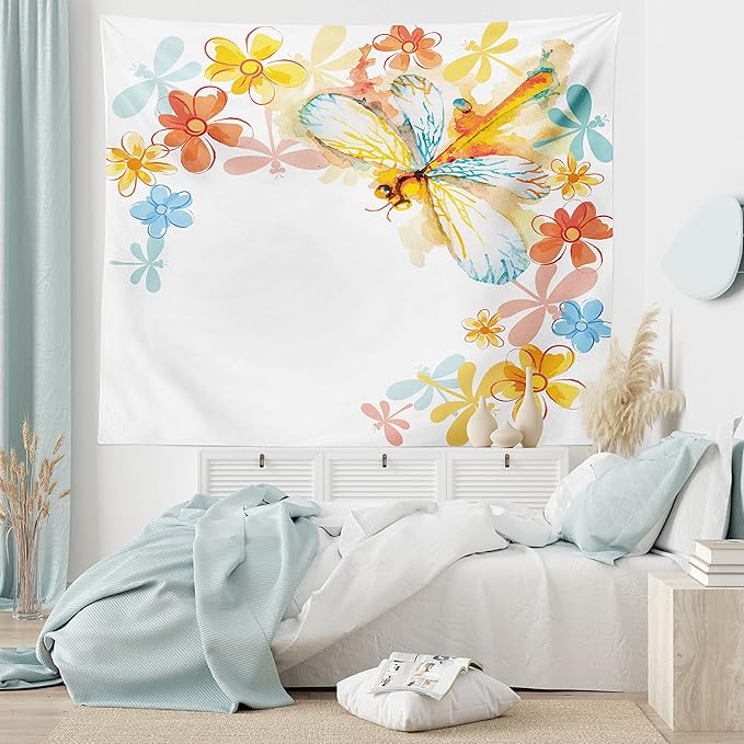 Ambesonne Dragonfly Tapestry Queen Size, Abstract Grunge Vintage Design Moth Spring Flowers Floral Frame Art Print, Wall Hanging Bedspread Bed Cover Wall Decor, 88" X 88", Yellow Orange