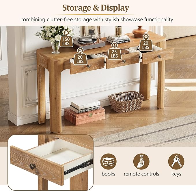 Amposei Retro Rustic Entry Console Table 52’’ Wooden Entryway Sofa Table with Storage Drawers for Living Room Entrance Hallway, Natural