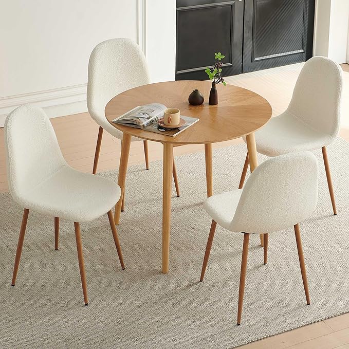 Small Oak Round Dining Table Set for 4, Modern 35'' Kitchen Coffee Table with 4 White Teddy Velvet Dining Chairs for Dining Room Apartment