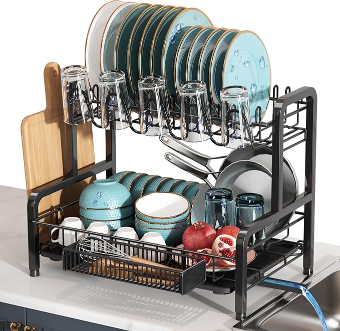 2 Tier Dish Drainers Drying Rack for Kitchen Counter Large Stainless Steel Dishes Drain with Drainboard, Space Saving, Big Modern Black Countertop Metal Plates Dryer Strainer Holder and Extra Tray