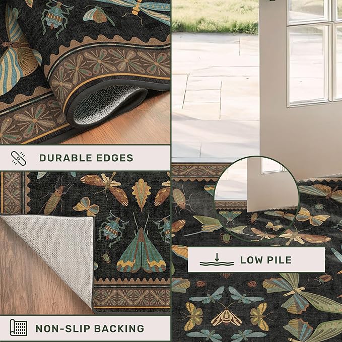 Black Washable 7x9 Large Area Rugs for Living Room, Vintage Insect Soft Rug for Bedroom, Dining Room Under Table, Boho Nature Butterfly Design - Low Pile Non Slip Carpet