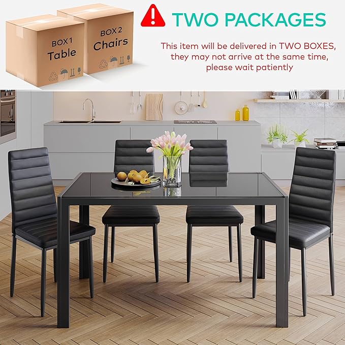 Gizoon 5 Piece Glass Dining Table Set, Kitchen and Chairs for 4, PU Leather Modern Room Sets for Home, Kitchen, Living Room