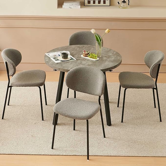 5-Pieces Kitchen Dining Table Set for 4, Grey Round Table MDF with 4 Metal Hooks for Hanging, Modern Dining Table Set with 4 Seated Grey Boucle Dining Chairs for Living Room, Apartment