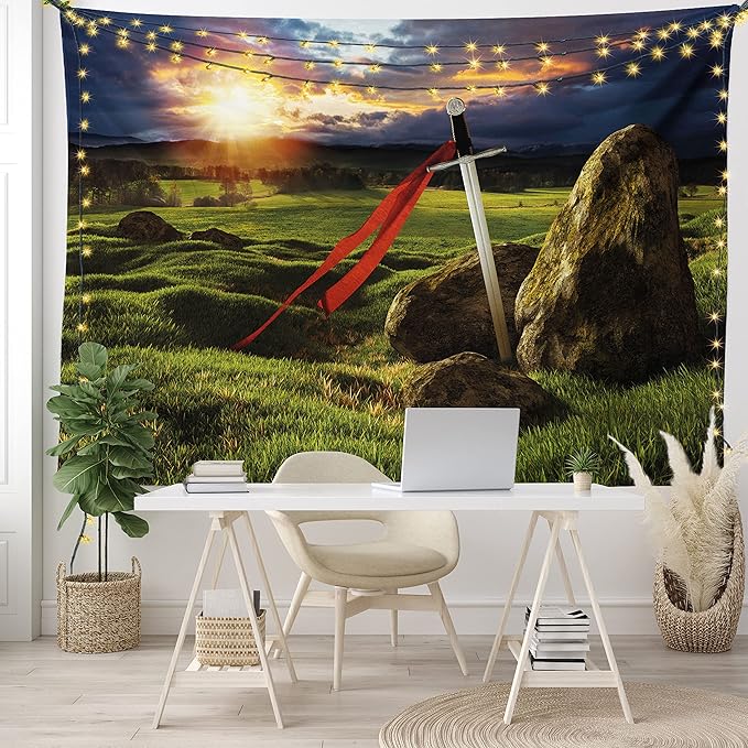 Ambesonne King Tapestry King Size, Arthur Camelot Myth in England Ireland Fields Invincible Myth Image, Wall Hanging Bedspread Bed Cover Wall Decor, 104" X 88", Green Blue Red