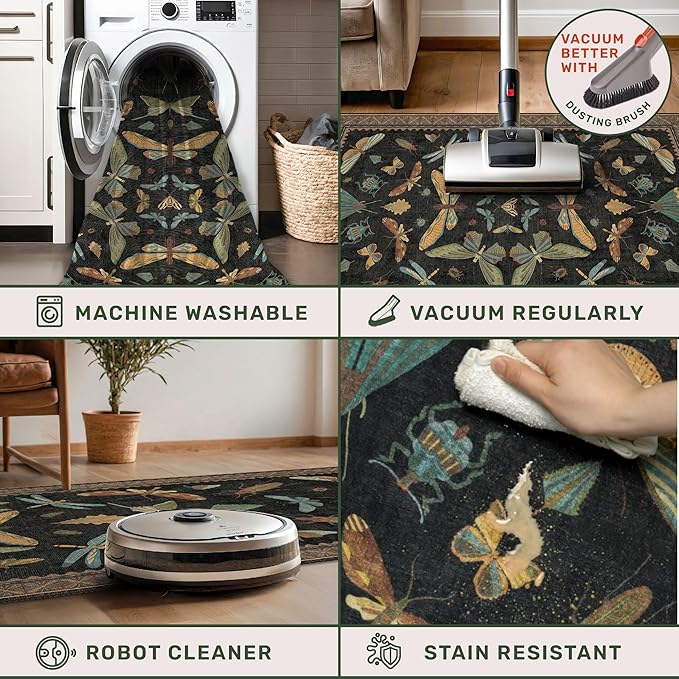 Black Boho 5ft Round Throw Rugs for Living Room - Dark Unique Insect Print Large Entryway Rug, Low Pile & Soft Carpet for Bedroom Beside Bed, Kids Playroom, Non Slip Stain Resistant Home Décor