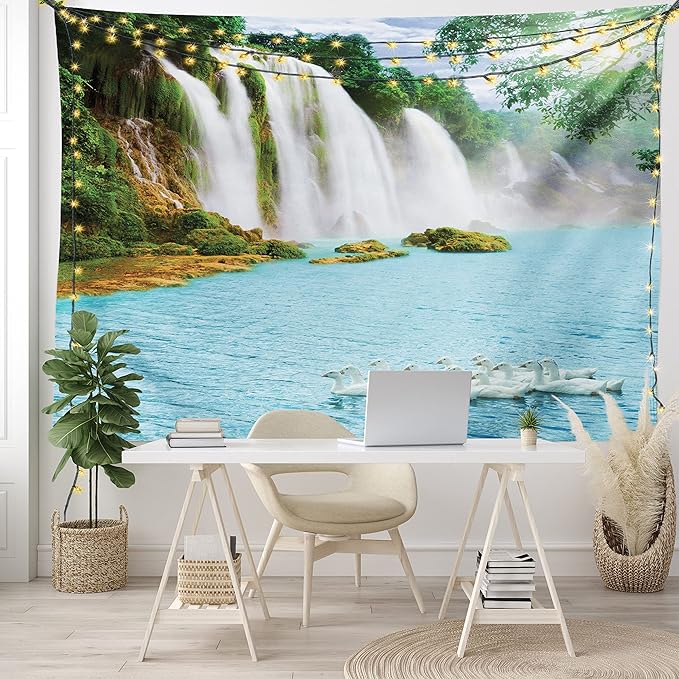Ambesonne Waterfall Tapestry King Size, Image of a Grand Waterfall with Swans in the Lake Sunny Day Nature Print, Wall Hanging Bedspread Bed Cover Wall Decor, 104" X 88", White Green