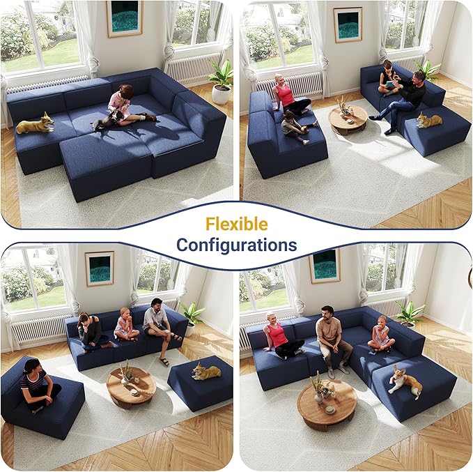 38“ Modular Sectional Sofa Convertible Cube Couch Seat Set, Combine L-Shaped U-Shaped, Free Assembly, Space-Saving for Living Room, Thick Foam Fabric Chenille Blue (Only Corner)