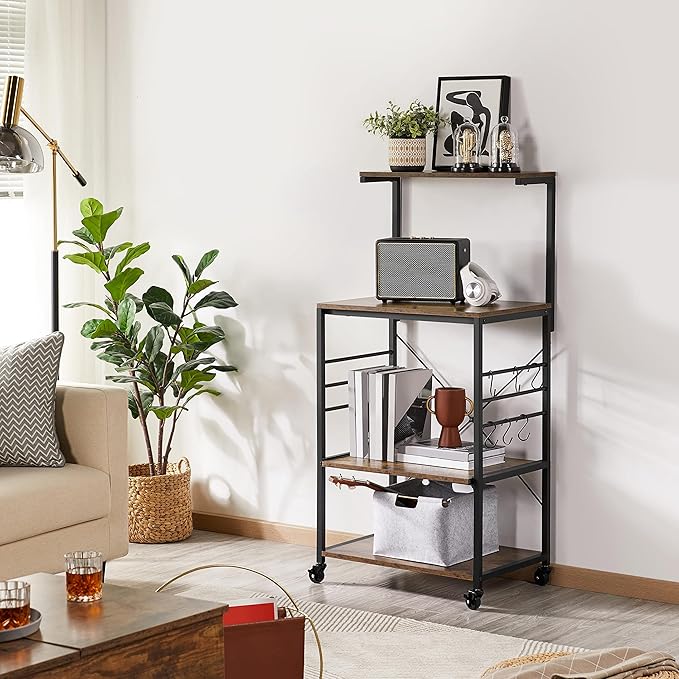 Yaheetech Bakers Rack on Wheels(16D x 24W x 50H Inches), Microwave Stand Cart Coffee Bar Stand with 6 Hooks, Kitchen Utility Storage Cart with Spice Rack, Rustic Brown