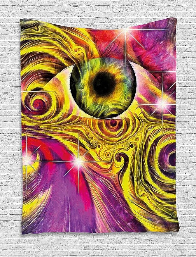 Ambesonne Psychedelic Tapestry, Hippie Hallucinatory Eye in Vivid Colors with Optical Swirl Lines Graphic, Wall Hanging for Bedroom Living Room Dorm Decor, 60" X 80", Fuchsia Yellow