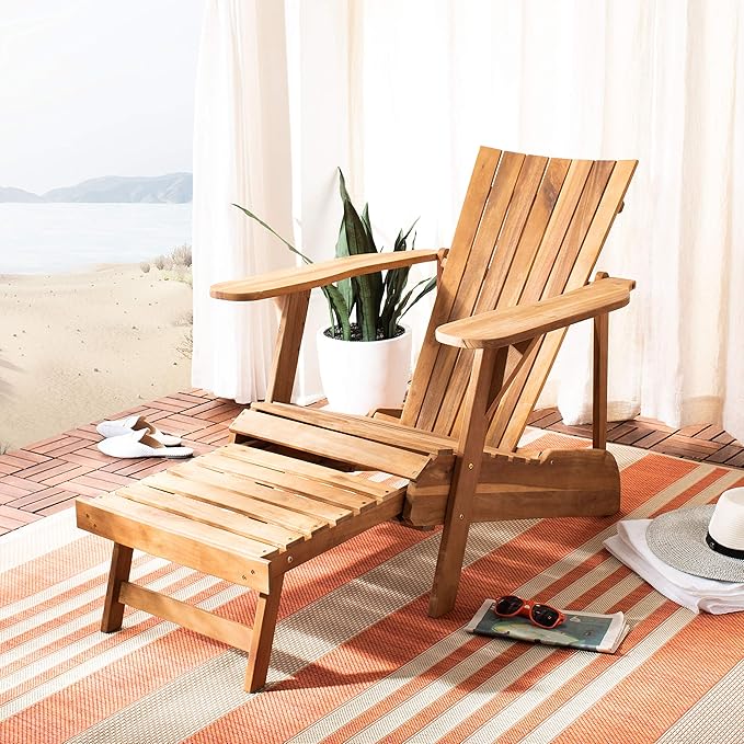 SAFAVIEH PAT6760A Outdoor Collection Merlin Natural Retractable Foot Rest Adirondack Chair
