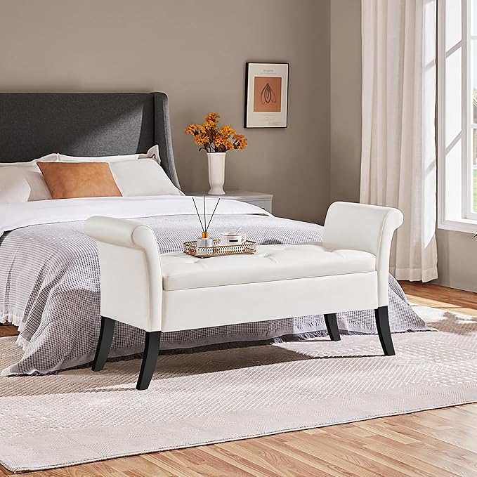 Yaheetech Ottoman with Storage, 52" Storage Ottoman Bench with Safety Hinge, Upholstered Bench with Seating for Bedroom, Living Room, Holds up to 661 lb, White