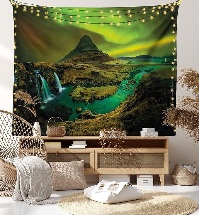 Ambesonne Aurora Borealis Tapestry, Pale Weather over the Hills Waterfall Creek Nature Landscape, Fabric Wall Hanging Decor for Bedroom Living Room Dorm, 28" X 23", Olive Green